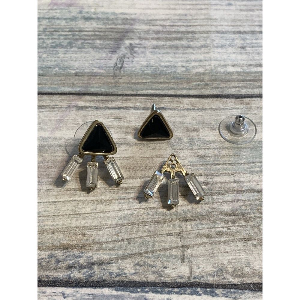 Black Gold Tone 3 pcs EARRINGS Posts Triangle Rhinestones Costume Jewelry